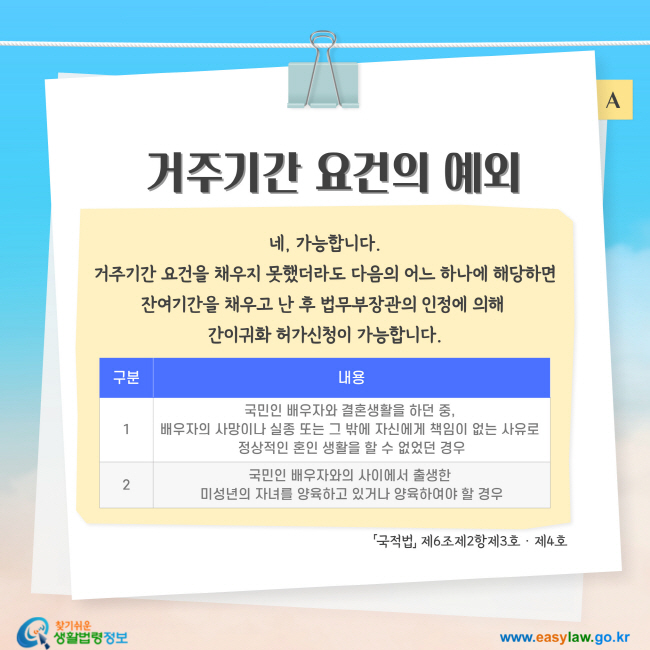 네, 가능합니다. 거주기간 요건을 채우지 못했더라도 다음의 어느 하나에 해당하면 잔여기간을 채우고 난 후 법무부장관의 인정에 의해  간이귀화 허가신청이 가능합니다. 거주기간 요건의 예외 1. "국민인 배우자와 결혼생활을 하던 중,  배우자의 사망이나 실종 또는 그 밖에 자신에게 책임이 없는 사유로  정상적인 혼인 생활을 할 수 없었던 경우, 2. 국민인 배우자와의 사이에서 출생한  미성년의 자녀를 양육하고 있거나 양육하여야 할 경우 「국적법」 제6조제2항제3호ㆍ제4호