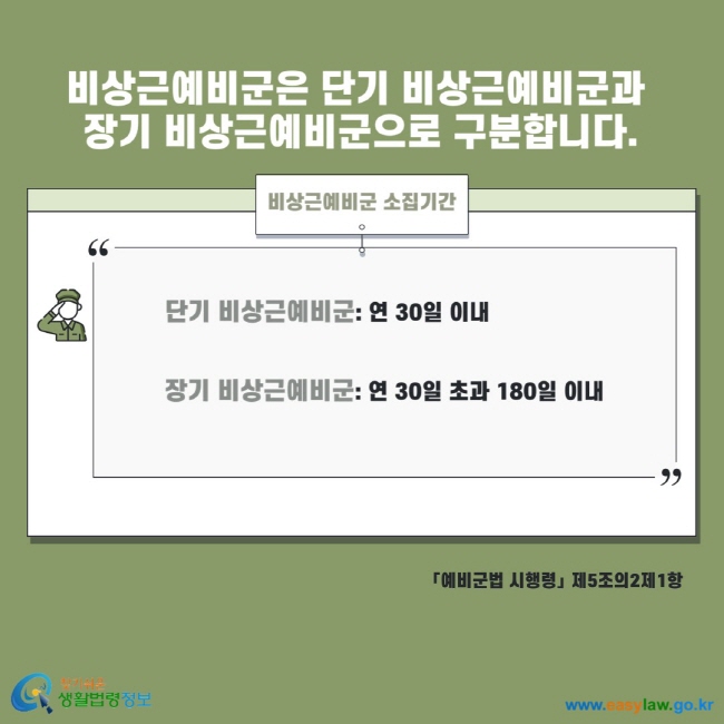 비상근예비군은 단기 비상근예비군과 장기 비상근예비군으로 구분합니다. 비상근예비군 소집기간 단기 비상근예비군 : 연 30일 이내 장기 비상근예비군 : 연 30일 초과 180일 이내 예비군법 시행령 제5조의2제1항