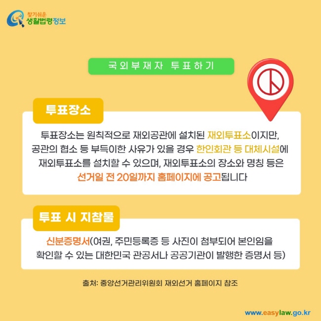 1. 국외부재자 투표장소: 투표장소는 원칙적으로 재외공관에 설치된 재외투표소이지만,  공관의 협소 등 부득이한 사유가 있을 경우 한인회관 등 대체시설에  재외투표소를 설치할 수 있으며, 재외투표소의 장소와 명칭 등은  선거일 전 20일까지 홈페이지에 공고됩니다. 2. 투표 시 지참물: 신분증명서(여권, 주민등록증 등 사진이 첨부되어 본인임을  확인할 수 있는 대한민국 관공서나 공공기관이 발행한 증명서 등)출처: 중앙선거관리위원회 재외선거 홈페이지 참조