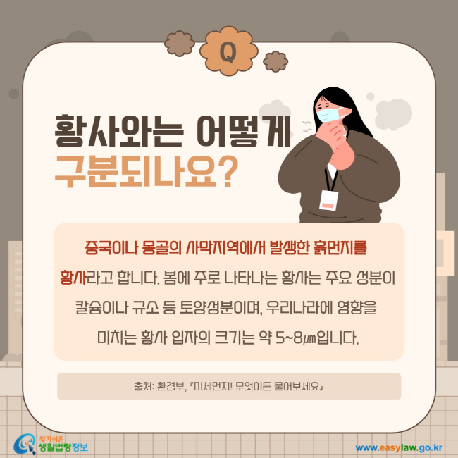 질문: 황사와는 어떻게 구분되나요?
답변: 중국이나 몽골의 사막지역에서 발생한 흙먼지를 황사라고 합니다. 봄에 주로 나타나는 황사는 주요 성분이 칼슘이나 규소 등 토양성분이며, 우리나라에 영향을 미치는 황사 입자의 크기는 약 5~8㎛입니다. 출처: 환경부, 『미세먼지! 무엇이든 물어보세요』