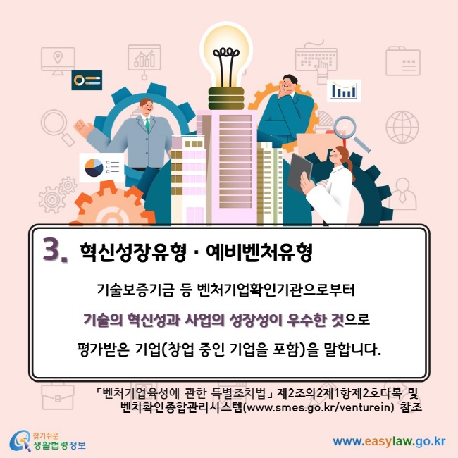 3. 혁신성장유형•예비벤처유형. 기술보증기금 등 벤처기업확인기관으로부터 기술의 혁신성과 사업의 성장성이 우수한 것으로 평가받은 기업(창업 중인 기업을 포함)을 말합니다. 「벤처기업육성에 관한 특별조치법」 제2조의2제1항제2호다목 및 벤처확인종합관리시스템(www.smes.go.kr/venturein) 참조