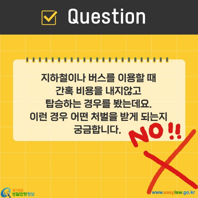 지하철이나 버스를 이용할 때  간혹 비용을 내지않고  탑승하는 경우를 봤는데요.  이런 경우 어떤 처벌을 받게 되는지  궁금합니다.  