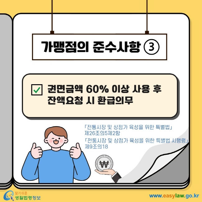 가맹점의 준수사항3 권면금액 60% 이상 사용 후 잔액요청 시 환급의무 「전통시장 및 상점가 육성을 위한 특별법」 제26조의5제2항 「전통시장 및 상점가 육성을 위한 특별법 시행령」 제9조의18  