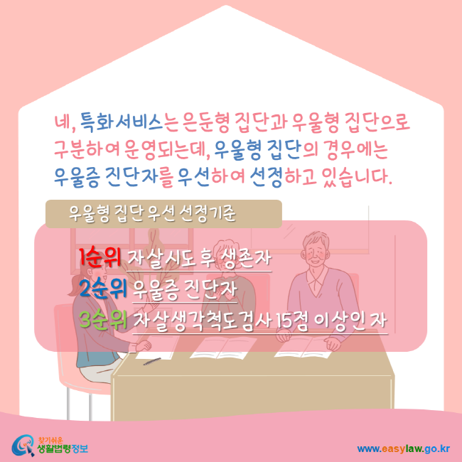 네, 특화서비스는 은둔형 집단과 우울형 집단으로 구분하여 운영되는데, 우울형 집단의 경우에는 우울증 진단자를 우선하여 선정하고 있습니다. 우울형 집단 우선 선정기준 1순위 자살시도 후 생존자 2순위 우울증 진단자 3순위 자살생각척도검사 15점 이상인 자 찾기쉬운생활법령정보 www.easylaw.go.kr