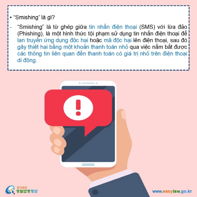    • “Smishing” là gì?  “Smishing” là từ ghép giữa tin nhắn điện thoại (SMS) với lừa đảo (Phishing), là một hình thức tội phạm sử dụng tin nhắn điện thoại để lan truyền ứng dụng độc hại hoặc mã độc hại lên điện thoại, sau đó gây thiệt hại bằng một khoản thanh toán nhỏ qua việc nắm bắt được các thông tin liên quan đến thanh toán có giá trị nhỏ trên điện thoại di động. 