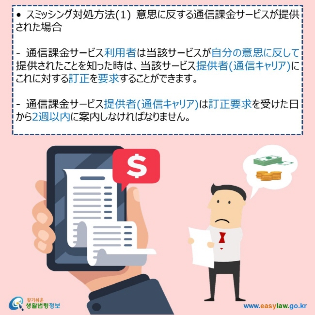 • スミッシング対処方法(1) 意思に反する通信課金サービスが提供された場合  - 通信課金サービス利用者は当該サービスが自分の意思に反して提供されたことを知った時は、当該サービス提供者(通信キャリア)にこれに対する訂正を要求することができます。  - 通信課金サービス提供者(通信キャリア)は訂正要求を受けた日から2週以内に案内しなければなりません。