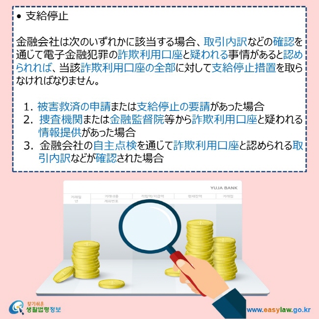 • 支給停止  金融会社は次のいずれかに該当する場合、取引内訳などの確認を通じて電子金融犯罪の詐欺利用口座と疑われる事情があると認められれば、当該詐欺利用口座の全部に対して支給停止措置を取らなければなりません。  　1. 被害救済の申請または支給停止の要請があった場合 　2. 捜査機関または金融監督院等から詐欺利用口座と疑われる情報提供があった場合 　3. 金融会社の自主点検を通じて詐欺利用口座と認められる取引内訳などが確認された場合