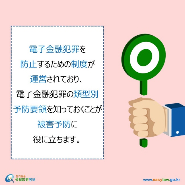    電子金融犯罪を  防止するための制度が  運営されており、 電子金融犯罪の類型別  予防要領を知っておくことが  被害予防に  役に立ちます。