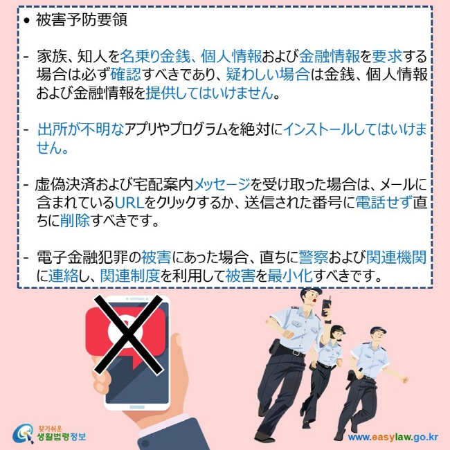 • 被害予防要領  - 家族、知人を名乗り金銭、個人情報および金融情報を要求する場合は必ず確認すべきであり、疑わしい場合は金銭、個人情報および金融情報を提供してはいけません。  - 出所が不明なアプリやプログラムを絶対にインストールしてはいけません。  - 虚偽決済および宅配案内メッセージを受け取った場合は、メールに含まれているURLをクリックするか、送信された番号に電話せず直ちに削除すべきです。  - 電子金融犯罪の被害にあった場合、直ちに警察および関連機関に連絡し、関連制度を利用して被害を最小化すべきです。