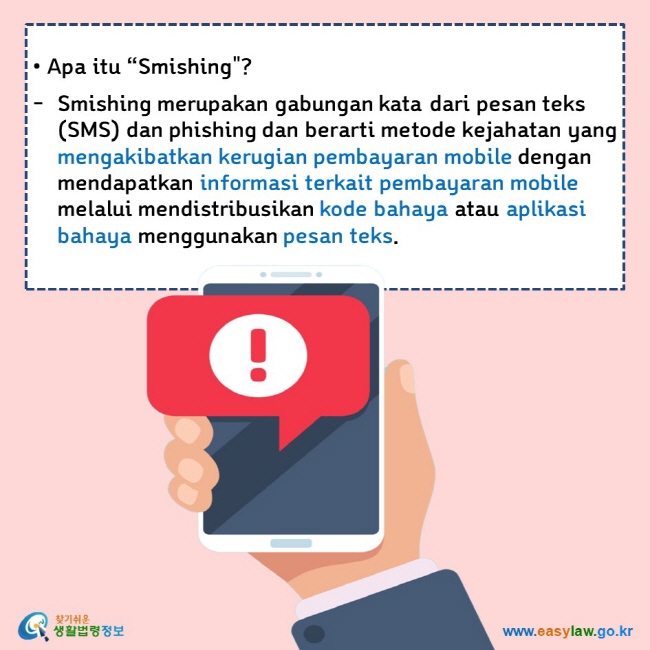   • Apa itu “Smishing?  Smishing merupakan gabungan kata dari pesan teks (SMS) dan phishing dan berarti metode kejahatan yang mengakibatkan kerugian pembayaran mobile dengan mendapatkan informasi terkait pembayaran mobile melalui mendistribusikan kode bahaya atau aplikasi bahaya menggunakan pesan teks.