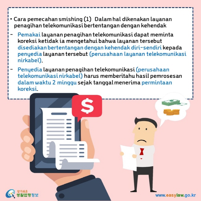   • Cara pemecahan smishing (1)  Dalam hal dikenakan layanan penagihan telekomunikasi bertentangan dengan kehendak Pemakai layanan penagihan telekomunikasi dapat meminta koreksi ketidak ia mengetahui bahwa layanan tersebut disediakan bertentangan dengan kehendak diri-sendiri kepada penyedia layanan tersebut (perusahaan layanan telekomunikasi nirkabel). Penyedia layanan penagihan telekomunikasi (perusahaan telekomunikasi nirkabel) harus memberitahu hasil pemrosesan dalam waktu 2 minggu sejak tanggal menerima permintaan koreksi. 