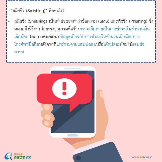   • ”สมิชชิ่ง (Smishing)” คืออะไร?   สมิชชิ่ง (Smishing) เป็นคำย่อของคำว่าข้อความ (SMS) และฟิชชิ่ง (Phishing) ซึ่งหมายถึงวิธีการก่ออาชญากรรมที่สร้างความเสียหายเป็นการชำระเงินจำนวนเงินเล็กน้อย โดยการสอดแทรกข้อมูลเกี่ยวกับการชำระเงินจำนวนเล็กน้อยทางโทรศัพท์มือถือหลังจากที่แพร่กระจายแอปปลอมหรือโค้ดปลอมโดยใช้แอปข้อความ  