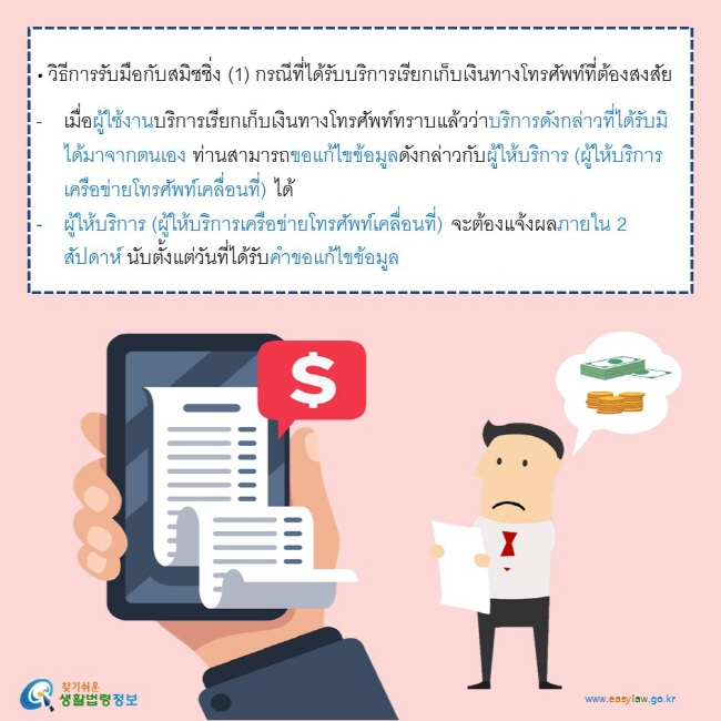   • วิธีการรับมือกับสมิชชิ่ง (1) กรณีที่ได้รับบริการเรียกเก็บเงินทางโทรศัพท์ที่ต้องสงสัย    เมื่อผู้ใช้งานบริการเรียกเก็บเงินทางโทรศัพท์ทราบแล้วว่าบริการดังกล่าวที่ได้รับมิได้มาจากตนเอง ท่านสามารถขอแก้ไขข้อมูลดังกล่าวกับผู้ให้บริการ (ผู้ให้บริการเครือข่ายโทรศัพท์เคลื่อนที่) ได้ ผู้ให้บริการ (ผู้ให้บริการเครือข่ายโทรศัพท์เคลื่อนที่) จะต้องแจ้งผลภายใน 2 สัปดาห์ นับตั้งแต่วันที่ได้รับคำขอแก้ไขข้อมูล