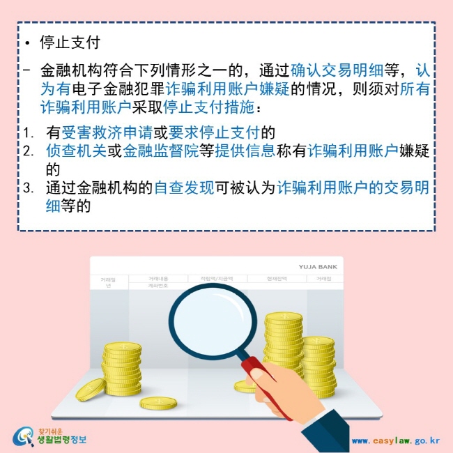  • 停止支付  金融机构符合下列情形之一的，通过确认交易明细等，认为有电子金融犯罪诈骗利用账户嫌疑的情况，则须对所有诈骗利用账户采取停止支付措施：  1. 有受害救济申请或要求停止支付的 2. 侦查机关或金融监督院等提供信息称有诈骗利用账户嫌疑的 3. 通过金融机构的自查发现可被认为诈骗利用账户的交易明细等的