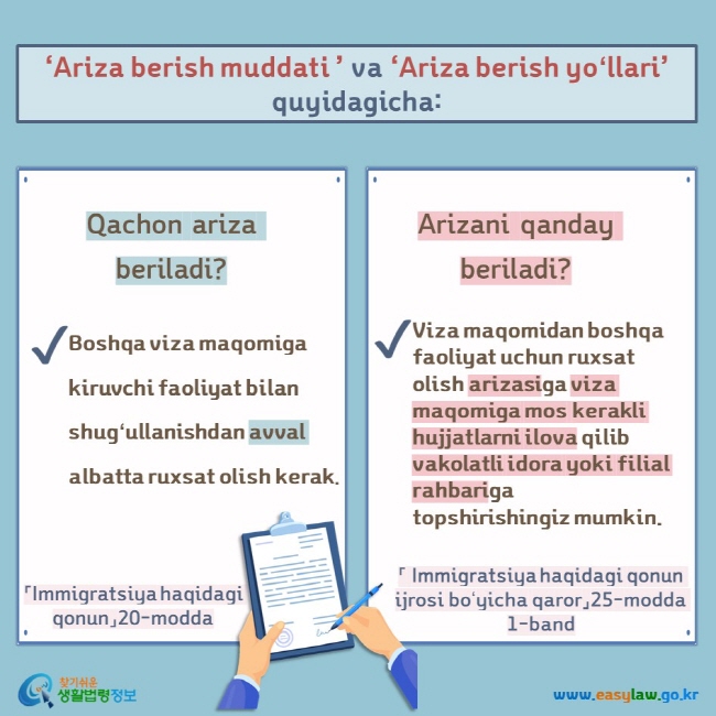 ‘Ariza berish muddati ’ va ‘Ariza berish yoʻllari’ quyidagicha: Qachon ariza beriladi? Boshqa viza maqomiga kiruvchi faoliyat bilan shugʻullanishdan avval albatta ruxsat olish kerak. 「Immigratsiya haqidagi qonun」20-modda Arizani qanday beriladi? Viza maqomidan boshqa faoliyat uchun ruxsat olish arizasiga viza maqomiga mos kerakli hujjatlarni ilova qilib vakolatli idora yoki filial rahbariga topshirishingiz mumkin. 「 Immigratsiya haqidagi qonun ijrosi boʻyicha qaror」25-modda 1-band