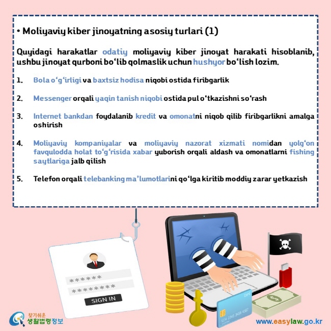 • Moliyaviy kiber jinoyatning asosiy turlari (1)  Quyidagi harakatlar odatiy moliyaviy kiber jinoyat harakati hisoblanib, ushbu jinoyat qurboni bo‘lib qolmaslik uchun hushyor bo‘lish lozim. 1. Bola o‘g‘irligi va baxtsiz hodisa niqobi ostida firibgarlik 2. Messenger orqali yaqin tanish niqobi ostida pul o‘tkazishni so‘rash 3. Internet bankdan foydalanib kredit va omonatni niqob qilib firibgarlikni amalga oshirish 4. Moliyaviy kompaniyalar va moliyaviy nazorat xizmati nomidan yolg‘on favqulodda holat to‘g‘risida xabar yuborish orqali aldash va omonatlarni fishing saytlariga jalb qilish 5. Telefon orqali telebanking ma’lumotlarini qo‘lga kiritib moddiy zarar yetkazish