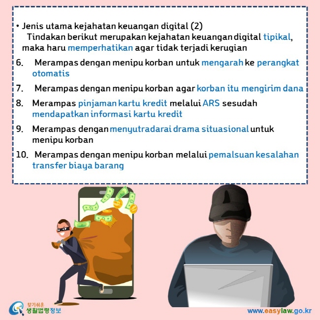 • Jenis utama kejahatan keuangan digital (2)   Tindakan berikut merupakan kejahatan keuangan digital tipikal, maka haru memperhatikan agar tidak terjadi kerugian  6.  Merampas dengan menipu korban untuk mengarah ke perangkat otomatis 7.  Merampas dengan menipu korban agar korban itu mengirim dana 8. Merampas pinjaman kartu kredit melalui ARS sesudah mendapatkan informasi kartu kredit 9. Merampas dengan menyutradarai drama situasional untuk menipu korban 10.  Merampas dengan menipu korban melalui pemalsuan kesalahan transfer biaya barang 