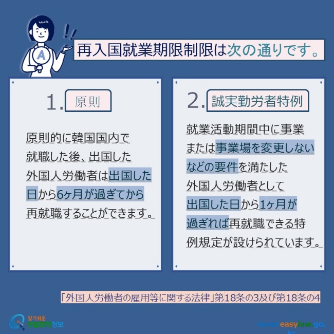 再入国就業期限制限は次の通りです。  原則 誠実勤労者特例 原則的に韓国国内で 就職した後、出国した 外国人労働者は出国した日から6ヶ月が過ぎてから 再就職することができます。  就業活動期間中に事業 または事業場を変更しないなどの要件を満たした 外国人労働者として 出国した日から1ヶ月が 過ぎれば再就職できる特例規定が設けられています。 「外国人労働者の雇用等に関する法律」第18条の3及び第18条の4