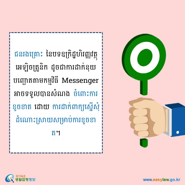    ជនរងគ្រោះ នៃបទឧក្រិដ្ឋហិរញ្ញវត្ថុអេឡិចត្រូនិក ដូចជាការដាក់នុយបញ្ឆោតតាមកម្មវិធី Messenger អាចទទួលបានសំណង ចំពោះការខូចខាត ដោយ ការដាក់ពាក្យស្នើសុំដំណោះស្រាយសម្រាប់ការខូចខាត។