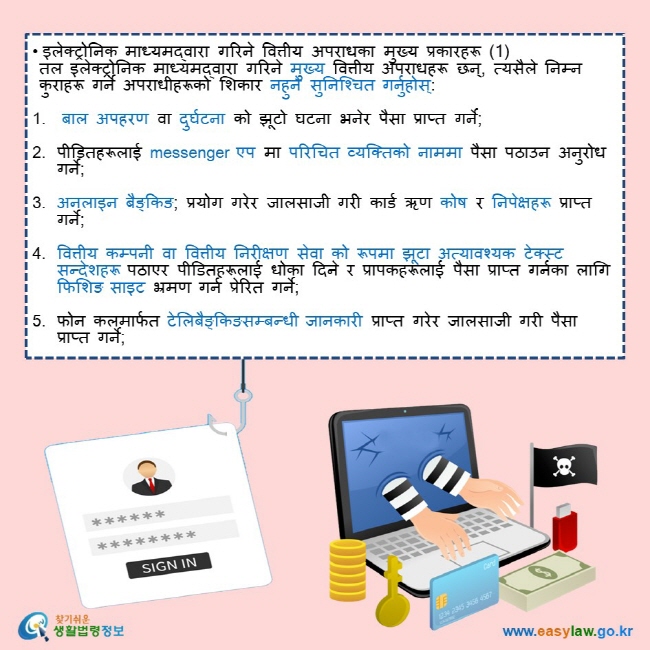 • इलेक्ट्रोनिक माध्यमद्वारा गरिने वित्तीय अपराधका मुख्य प्रकारहरू (1) तल इलेक्ट्रोनिक माध्यमद्वारा गरिने मुख्य वित्तीय अपराधहरू छन्, त्यसैले निम्न कुराहरू गर्ने अपराधीहरूको शिकार नहुने सुनिश्चित गर्नुहोस्: 1.  बाल अपहरण वा दुर्घटना को झूटो घटना भनेर पैसा प्राप्त गर्ने;  2. पीडितहरूलाई messenger एप मा परिचित व्यक्तिको नाममा पैसा पठाउन अनुरोध गर्ने; 3. अनलाइन बैङ्किङ; प्रयोग गरेर जालसाजी गरी कार्ड ऋण कोष र निपेक्षहरू प्राप्त गर्ने; 4. वित्तीय कम्पनी वा वित्तीय निरीक्षण सेवा को रूपमा झूटा अत्यावश्यक टेक्स्ट सन्देशहरू पठाएर पीडितहरूलाई धोका दिने र प्रापकहरूलाई पैसा प्राप्त गर्नका लागि फिशिङ साइट भ्रमण गर्न प्रेरित गर्ने;   5. फोन कलमार्फत टेलिबैङ्किङसम्बन्धी जानकारी  प्राप्त गरेर जालसाजी गरी पैसा प्राप्त गर्ने; 