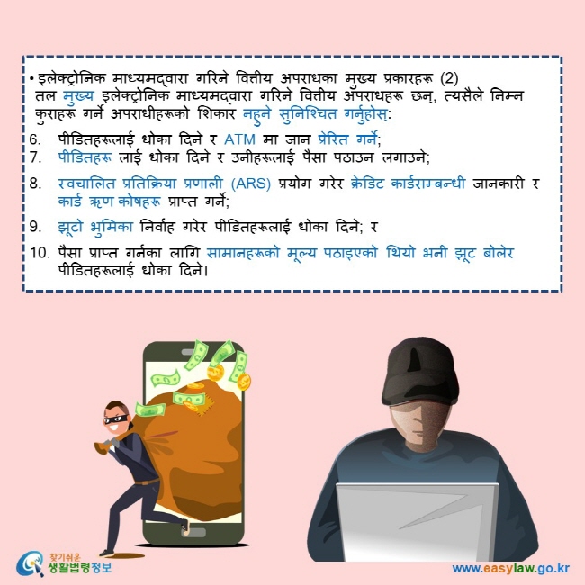 • इलेक्ट्रोनिक माध्यमद्वारा गरिने वित्तीय अपराधका मुख्य प्रकारहरू (2) तल मुख्य इलेक्ट्रोनिक माध्यमद्वारा गरिने वित्तीय अपराधहरू छन्, त्यसैले निम्न कुराहरू गर्ने अपराधीहरूको शिकार नहुने सुनिश्चित गर्नुहोस्:  6. पीडितहरूलाई धोका दिने र ATM मा जान प्रेरित गर्ने; 7. पीडितहरू लाई धोका दिने र उनीहरूलाई पैसा पठाउन लगाउने; 8. स्वचालित प्रतिक्रिया प्रणाली (ARS) प्रयोग गरेर क्रेडिट कार्डसम्बन्धी जानकारी र कार्ड ऋण कोषहरू प्राप्त गर्ने; 9. झूटो भुमिका निर्वाह गरेर पीडितहरूलाई धोका दिने; र 10. पैसा प्राप्त गर्नका लागि सामानहरूको मूल्य पठाइएको थियो भनी झूट बोलेर पीडितहरूलाई धोका दिने।