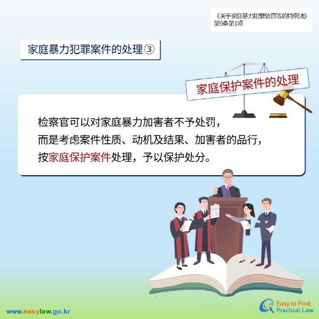 《关于家庭暴力犯罪处罚等的特例法》第9条第1项  家庭暴力犯罪案件的处理 ③ 家庭保护案件的处理 检察官可以对家庭暴力加害者不予处罚， 而是考虑案件性质、动机及结果、加害者的品行， 按家庭保护案件处理，予以保护处分。