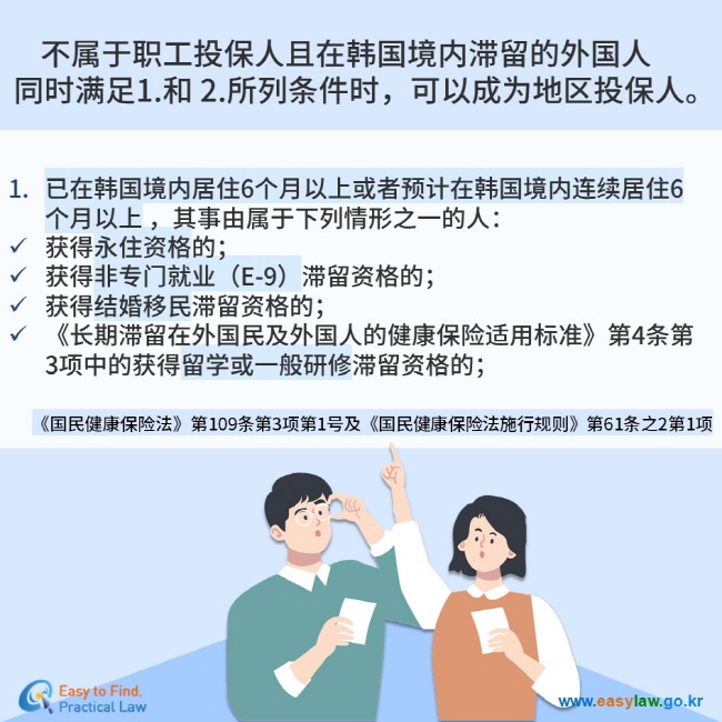 不属于职工投保人且在韩国境内滞留的外国人  同时满足1.和 2.所列条件时，可以成为地区投保人。  已在韩国境内居住6个月以上或者预计在韩国境内连续居住6个月以上 ，其事由属于下列情形之一的人： 获得永住资格的； 获得非专门就业（E-9）滞留资格的； 获得结婚移民滞留资格的； 《长期滞留在外国民及外国人的健康保险适用标准》第4条第3项中的获得留学或一般研修滞留资格的；   《国民健康保险法》第109条第3项第1号及《国民健康保险法施行规则》第61条之2第1项