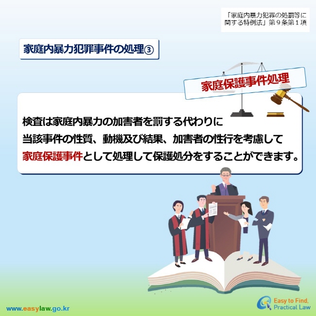 「家庭内暴力犯罪の処罰等に関する特例法」第９条第１項 家庭内暴力犯罪事件の処理③   家庭保護事件処理 検査は家庭内暴力の加害者を罰する代わりに 当該事件の性質、動機及び結果、加害者の性行を考慮して 家庭保護事件として処理して保護処分をすることができます。