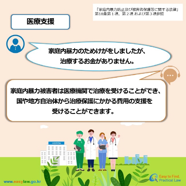 「家庭内暴力防止及び被害者保護等に関する法律」第18条第１項、第２項 および第３項参照 医療支援 家庭内暴力のためけがをしましたが、 治療するお金がありません。 家庭内暴力被害者は医療機関で治療を受けることができ、 国や地方自治体から治療保護にかかる費用の支援を 受けることができます。 