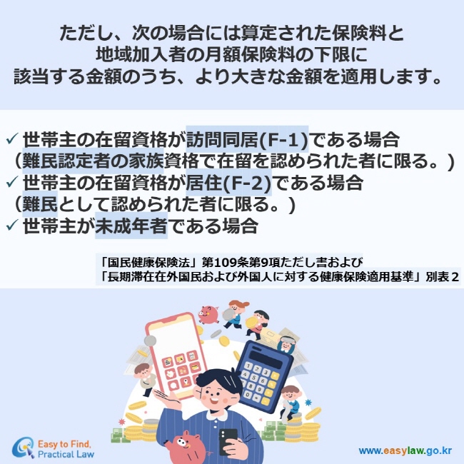 ただし、次の場合には算定された保険料と  地域加入者の月額保険料の下限に 該当する金額のうち、より大きな金額を適用します。 世帯主の在留資格が訪問同居(F-1)である場合 （難民認定者の家族資格で在留を認められた者に限る。) 世帯主の在留資格が居住(F-2)である場合 （難民として認められた者に限る。) 世帯主が未成年者である場合 「国民健康保険法」第109条第9項ただし書および  「長期滞在在外国民および外国人に対する健康保険適用基準」別表２