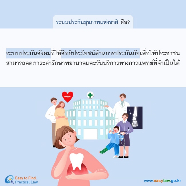 ระบบประกันสุขภาพแห่งชาติ คือ?ระบบประกันสังคมที่ให้สิทธิประโยชน์ด้านการประกันภัยเพื่อให้ประชาชนสามารถลดภาระค่ารักษาพยาบาลและรับบริการทางการแพทย์ที่จำเป็นได้