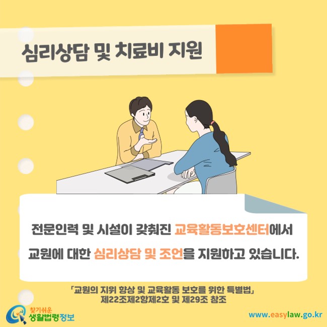 심리상담 및 치료비 지원
전문인력 및 시설이 갖춰진 교육활동보호센터에서 교원에 대한 심리상담 및 조언을 지원하고 있습니다(「교원의 지위 향상 및 교육활동 보호를 위한 특별법」 제22조제2항제2호 및 제29조 참조).
찾기쉬운 생활법령정보(www.easylaw.go.kr)