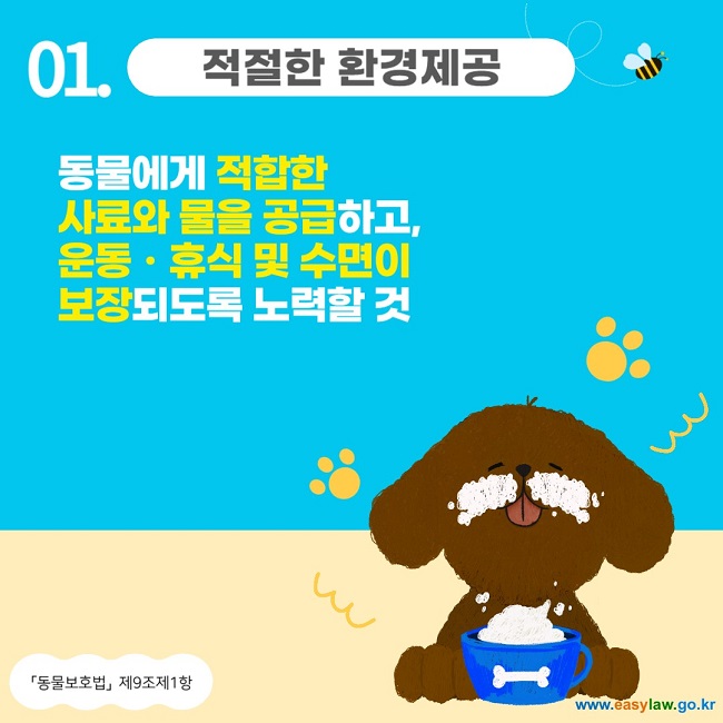 01. 적절한 환경제공
동물에게 적합한 사료와 물을 공급하고, 운동ㆍ휴식 및 수면이 보장되도록 노력할 것
「동물보호법」 제9조제1항