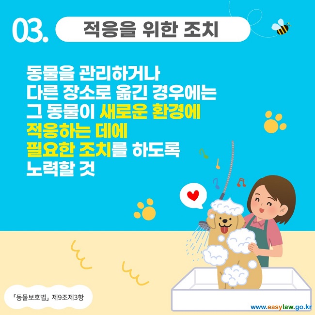 03. 적응을 위한 조치
동물을 관리하거나 다른 장소로 옮긴 경우에는 그 동물이 새로운 환경에 적응하는 데에 필요한 조치를 하도록 노력할 것
「동물보호법」 제9조제3항