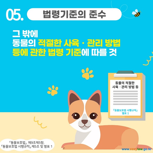 05. 법령기준의 준수
그 밖에 동물의 적절한 사육, 관리 방법 등에 관한 법령 기준에 따를 것
「동물보호법」 제9조제5항, 「동물보호법 시행규칙」 제5조 및 별표 1