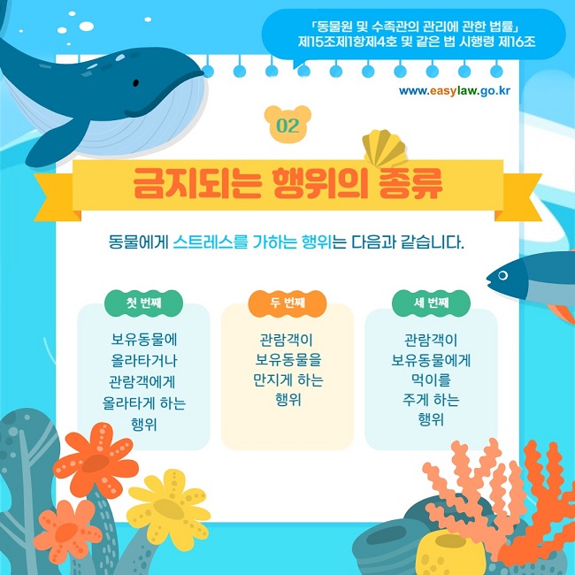 02 금지되는 행위의 종류 동물에게 스트레스를 가하는 행위는 다음과 같습니다.   첫 번째  보유동물에 올라타거나 관람객에게  올라타게 하는 행위  두 번째  관람객이  보유동물을 만지게 하는 행위   세 번째 관람객이 보유동물에게 먹이를 주게 하는 행위 「동물원 및 수족관의 관리에 관한 법률」  제15조제1항제4호 및 같은 법 시행령 제16조