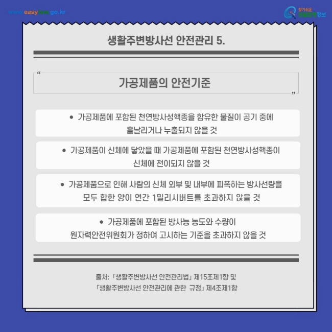 생활주변방사선 안전관리 5.
가공제품의 안전기준
가공제품에 포함된 천연방사성핵종을 함유한 물질이 공기 중에 
흩날리거나 누출되지 않을 것
가공제품이 신체에 닿았을 때 가공제품에 포함된 천연방사성핵종이 
신체에 전이되지 않을 것
가공제품으로 인해 사람의 신체 외부 및 내부에 피폭하는 방사선량을 
모두 합한 양이 연간 1밀리시버트를 초과하지 않을 것
가공제품에 포함된 방사능 농도와 수량이 
원자력안전위원회가 정하여 고시하는 기준을 초과하지 않을 것
출처:  「생활주변방사선 안전관리법」 제15조제1항 및  「생활주변방사선 안전관리에 관한  규정」 제4조제1항
찾기쉬운 생활법령정보(www.easylaw.go.kr)