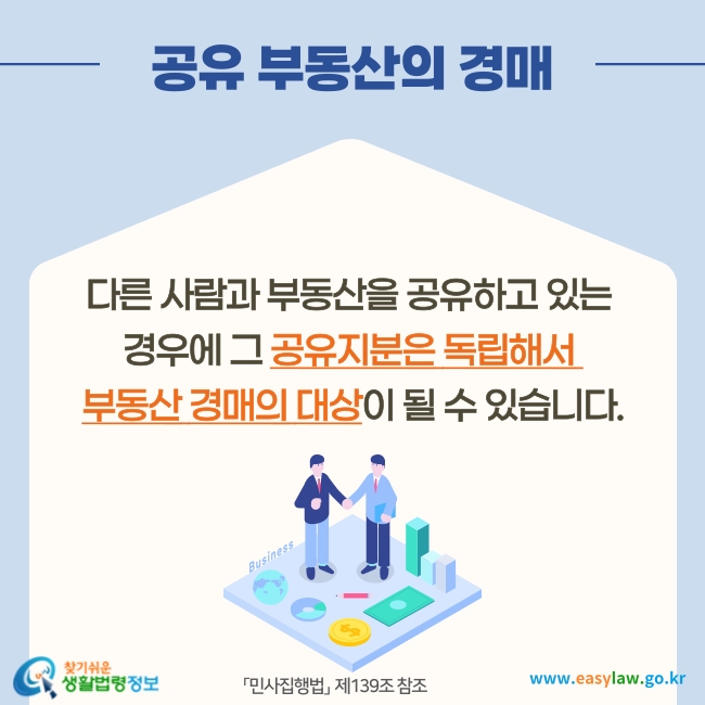 공유 부동산의 경매
다른 사람과 부동산을 공유하고 있는 경우에 그 공유지분은 독립해서 부동산 경매의 대상이 될 수 있습니다(「민사집행법」  제139조 참조). 
찾기쉬운 생활법령정보(www.easylaw.go.kr)
