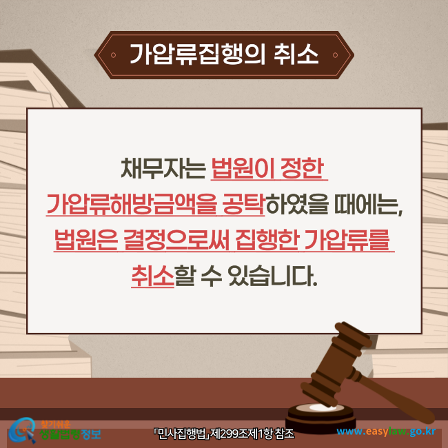 가압류집행의 취소
채무자는 법원이 정한 가압류해방금액을 공탁하였을 때에는, 법원은 결정으로써 집행한 가압류를 취소할 수 있습니다(「민사집행법」 제299조제1항 참조).
찾기쉬운 생활법령정보(www.easylaw.go.kr)
