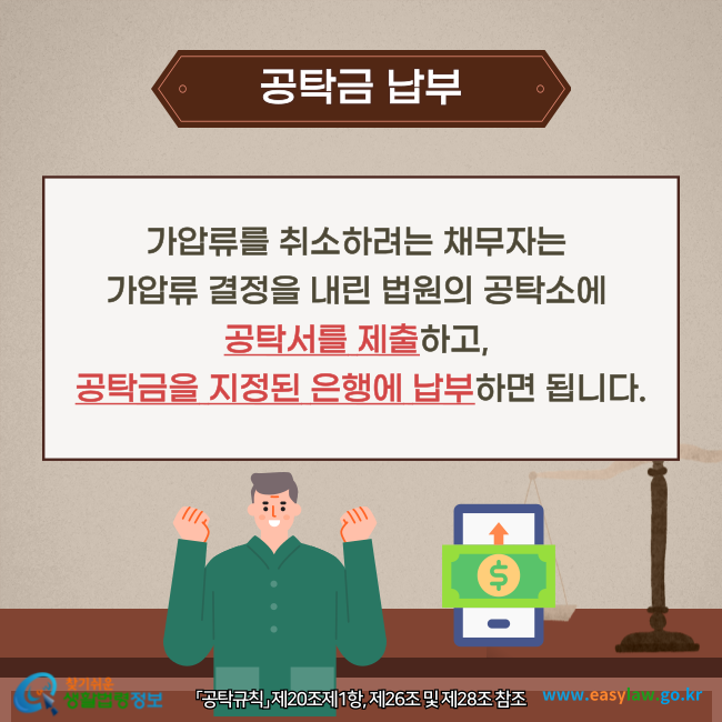 공탁금 납부법원은 가압류 명령 결정을 내릴 때 가압류의 집행을 정지시키거나 집행한 가압류를 취소시키기 위해 공탁할 금액을 가압류명령서에 기재합니다(「공탁규칙」 제20조제1항, 제26조 및 제28조 참조).찾기쉬운 생활법령정보(www.easylaw.go.kr)