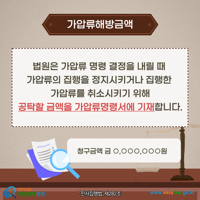 가압류해방금액
법원은 가압류 명령 결정을 내릴 때 가압류의 집행을 정지시키거나 집행한 
가압류를 취소시키기 위해 공탁할 금액을 가압류명령서에 기재합니다(「민사집행법」 제282조).
찾기쉬운 생활법령정보(www.easylaw.go.kr)
