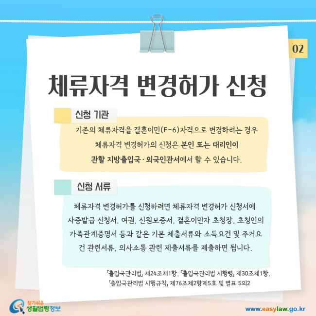 체류자격 변경허가 신청. 1. 신청기관: 기존의 체류자격을 결혼이민(F-6)자격으로 변경하려는 경우 체류자격 변경허가의 신청은 본인 또는 대리인이 관할 지방출입국·외국인관서에서 할 수 있습니다. 2. 신청서류: 체류자격 변경허가를 신청하려면 체류자격 변경허가 신청서에  사증발급 신청서, 여권, 신원보증서, 결혼이민자 초청장, 초청인의 가족관계증명서 등과 같은 기본 제출서류와 소득요건 및 주거요건 관련서류, 의사소통 관련 제출서류를 제출하면 됩니다.「출입국관리법」 제24조제1항, 「출입국관리법 시행령」 제30조제1항,  「출입국관리법 시행규칙」 제76조제2항제5호 및 별표 5의2