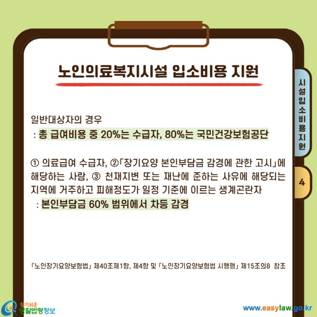 일반대상자의 경우   : 총 급여비용 중 20%는 수급자, 80%는 국민건강보험공단  ① 의료급여 수급자, ②「장기요양 본인부담금 감경에 관한 고시」에 해당하는 사람, ③ 천재지변 또는 재난에 준하는 사유에 해당되는 지역에 거주하고 피해정도가 일정 기준에 이르는 생계곤란자   : 본인부담금 60% 범위에서 차등 감경