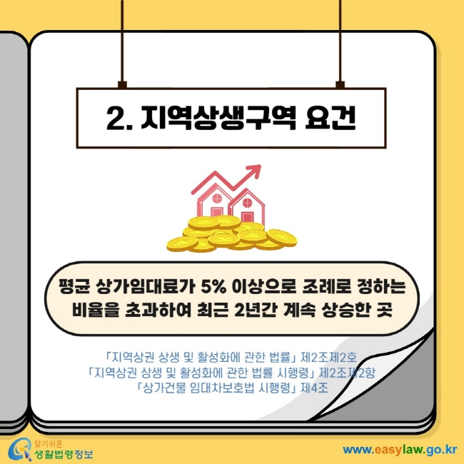 2. 지역상생구역 요건 평균 상가임대료가 5% 이상으로 조례로 정하는 비율을 초과하여 최근 2년간 계속 상승한 곳 「지역상권 상생 및 활성화에 관한 법률」 제2조제2호 「지역상권 상생 및 활성화에 관한 법률 시행령」 제2조제2항 「상가건물 임대차보호법 시행령」 제4조 