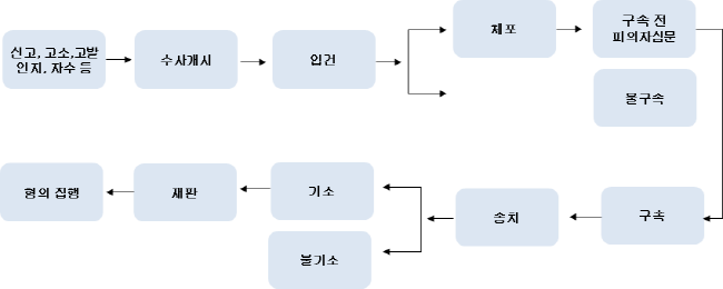 형사소송절차도(신고, 고소 고발, 인지, 자수, 수사개시, 입건, 체포, 구속 전 피의자심문, 불구속, 구속, 송치, 기소, 불기소, 재판, 형의 집행)