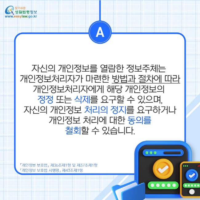 자신의 개인정보를 열람한 정보주체는  개인정보처리자가 마련한 방법과 절차에 따라 개인정보처리자에게 해당 개인정보의  정정 또는 삭제를 요구할 수 있으며, 자신의 개인정보 처리의 정지를 요구하거나 개인정보 처리에 대한 동의를 철회할 수 있습니다.