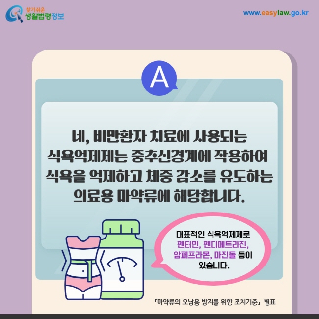 답변: 비만치료를 위해  식욕억제제를 처방받았는데 이것도 마약류에 해당하나요?대표적인 식욕억제제로  펜터민, 펜디메트라진,  암페프라몬, 마진돌 등이 있습니다. 「마약류의 오남용 방지를 위한 조치기준」  별표