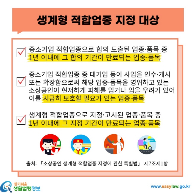 생계형 적합업종 지정 대상 중소기업 적합업종으로 합의 도출된 업종ㆍ품목 중 1년 이내에 그 합의 기간이 만료되는 업종ㆍ품목 중소기업 적합업종 중 대기업 등이 사업을 인수ㆍ개시 또는 확장함으로써 해당 업종ㆍ품목을 영위하고 있는 소상공인이 현저하게 피해를 입거나 입을 우려가 있어 이를 시급히 보호할 필요가 있는 업종ㆍ품목 생계형 적합업종으로 지정ㆍ고시된 업종ㆍ품목 중 1년 이내에 그 지정 기간이 만료되는 업종ㆍ품목 출처: 「소상공인 생계형 적합업종 지정에 관한 특별법」 제7조제1항