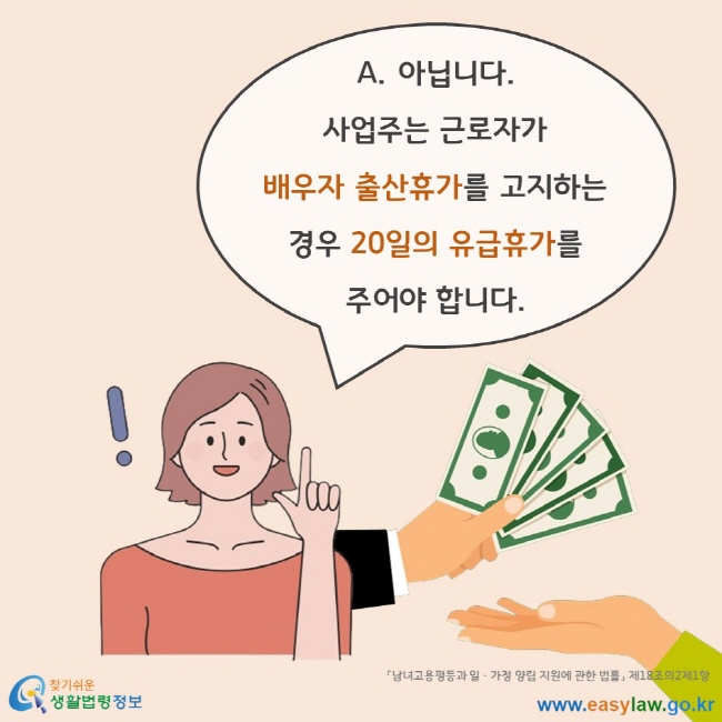 A. 아닙니다. 사업주는 근로자가 배우자 출산휴가를 고지하는 경우 20일의 유급휴가를 주어야 합니다. 「남녀고용평등과 일ㆍ가정 양립 지원에 관한 법률」 제18조의2제1항