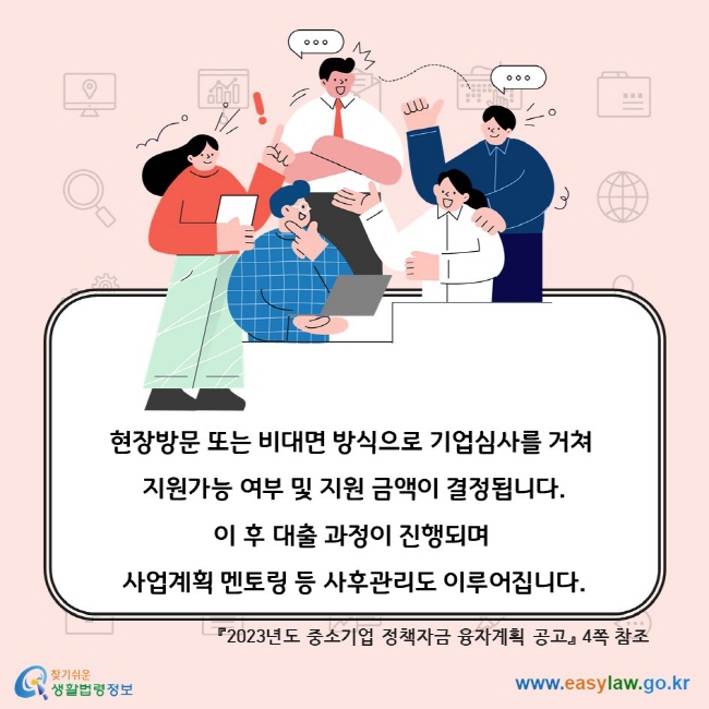 현장방문 또는 비대면 방식으로 기업심사를 거쳐 지원가능 여부 및 지원 금액이 결정됩니다. 이 후 대출 과정이 진행되며 사업계획 멘토링 등 사후관리도 이루어집니다. 『2023년도 중소기업 정책자금 융자계획 공고』 4쪽 참조